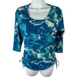 Ella Mae Swim Top Ruched Tie Side Abstract Blue White Rashguard Modest sz S
